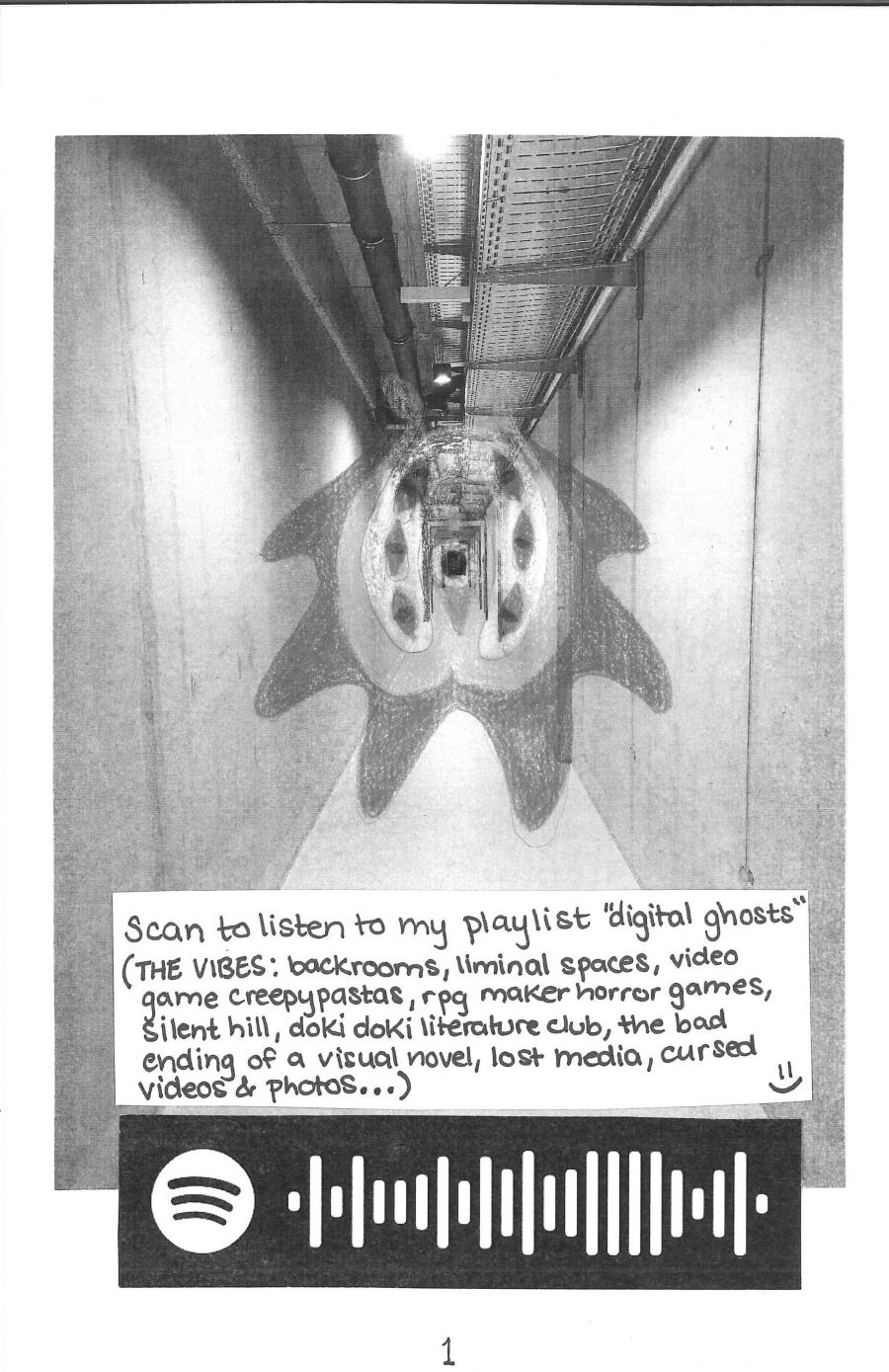 a photo of an ominous hallway with a lovecraftian blob drawn over it. a spotify playlist code and text saying scan to listen to my playlist digital ghosts