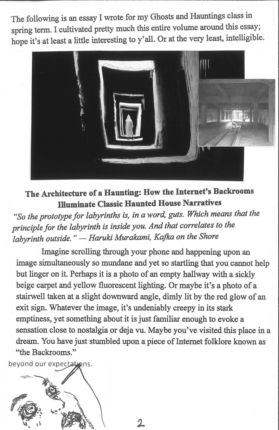 photos of dark, ominous passageways and rooms. A drawing of a frightened face with a needle aiming toward the eye. Text for an essay called The Architecture of a Haunting: How the Internet's Backrooms Illuminate Classic Haunted House Narratives