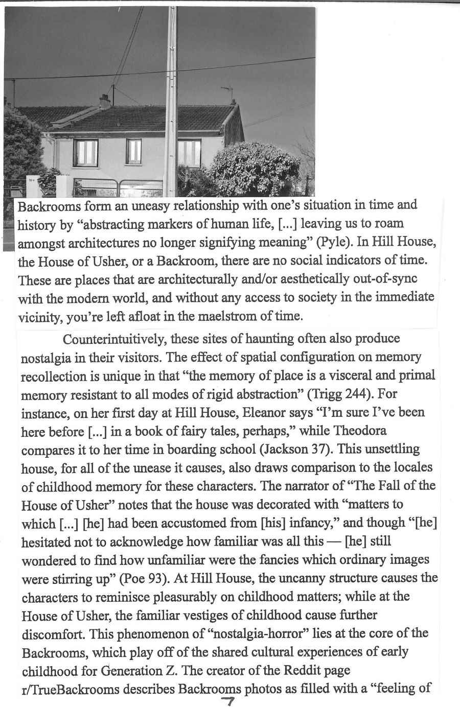 essay text and a photo of a suburban home's exterior