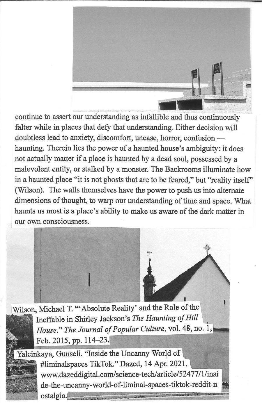 essay text, photo of concrete stairs, and photo of the exterior of a church