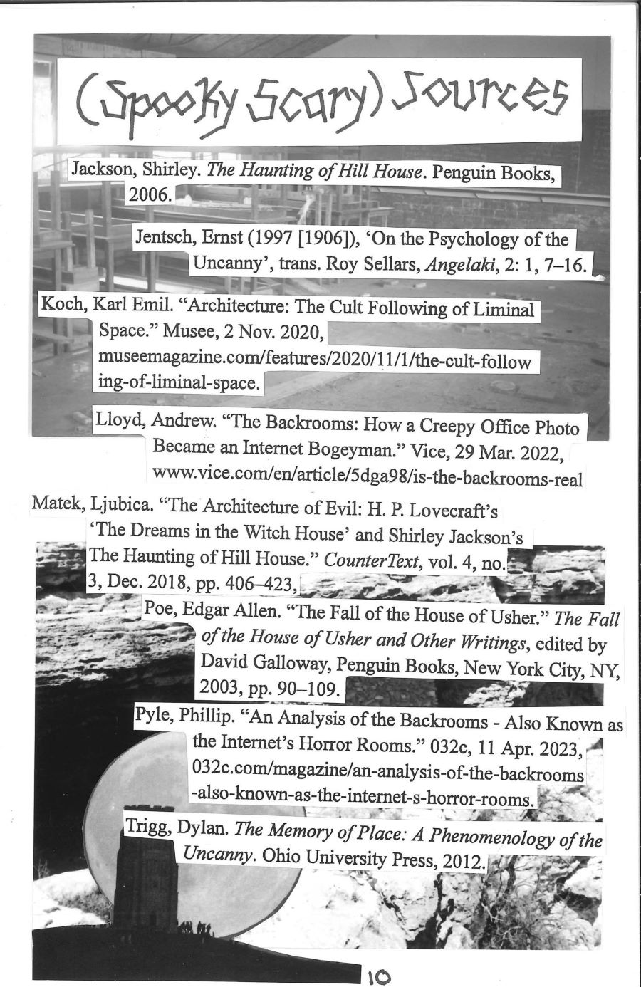 list of sources for the essay set against photos of an abandoned schoolroom, tree bark, and a tower silhouetted against a large moon