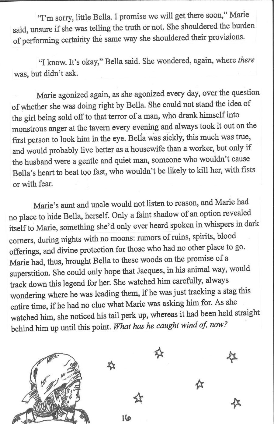 short story text and ink drawing of the back of a woman's head with a kerchief tied over her hair