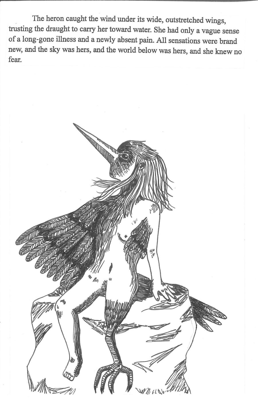 short story text and ink drawing of a girl turning into a bird