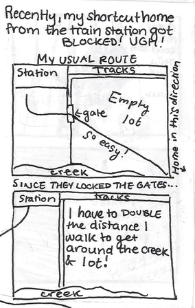 displays two maps which explain how the placement of chains on a couple of gates has cut off the writer's shortcut home from the train station and doubled the length it takes them to walk to and from the train.