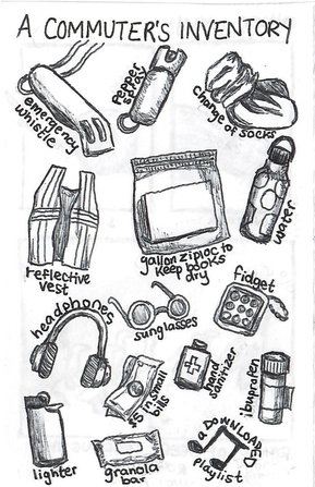 Text at the top reads: A commuter's inventory. Beneath that are ballpoint drawings of: an emergency whistle, pepper spray, a pair of socks, a reflective vest, a plastic bag with a book in it, a water bottle, a pair of headphones, a pair of sunglasses, a fidget toy, cash, a bottle of hand sanitizer, a bottle of ibuprofen, a lighter, a granola bar, and a music note.
