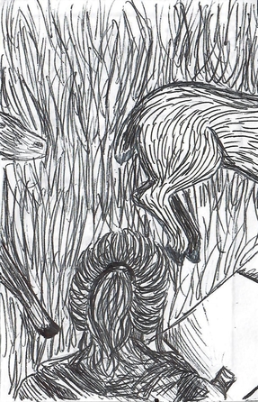 Ballpoint drawing with the back of a woman's head in the foreground; in front of her, there is a parking lot, sidewalk, and field, across which three deer are running.