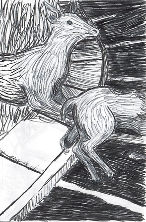 Ballpoint drawing with the back of a woman's head in the foreground; in front of her, there is a parking lot, sidewalk, and field, across which three deer are running.